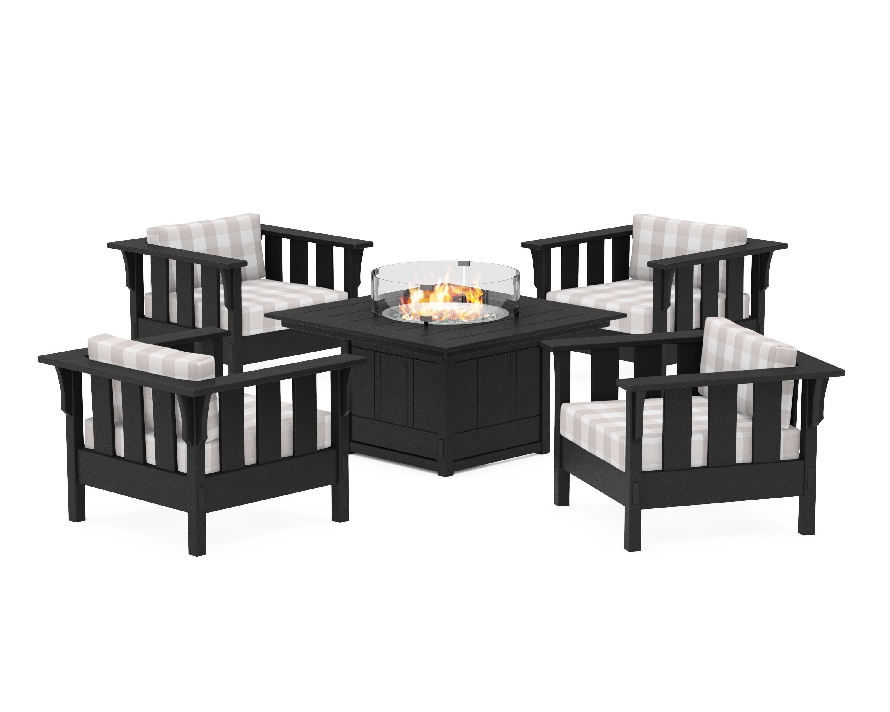 Martha Stewart by POLYWOOD® Acadia 5-Piece Deep Seating Set with Fire Pit Table in Black / Buffalo Plaid Dune Burlap