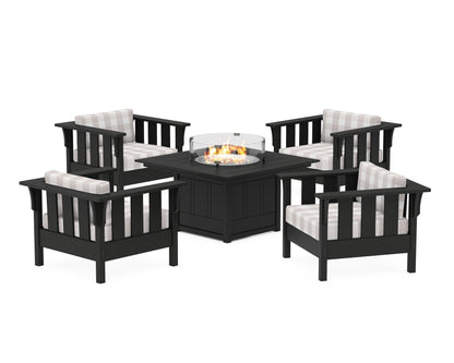Martha Stewart by POLYWOOD® Acadia 5-Piece Deep Seating Set with Fire Pit Table in Black / Buffalo Plaid Dune Burlap