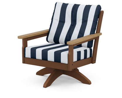 POLYWOOD® Vineyard Deep Seating Swivel Chair in Teak / Natural / Cabana Stripe Marine Indigo