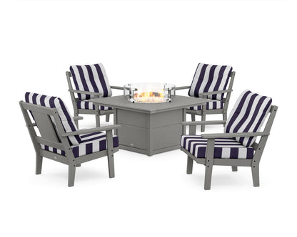 POLYWOOD® Prairie 5-Piece Deep Seating Set with Fire Pit Table in Slate Grey / Cabana Stripe Navy
