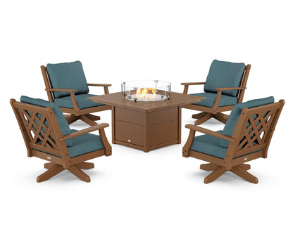Country Living Wovendale 5-Piece Deep Seating Swivel Conversation Set with Fire Pit Table in Teak / Ocean Teal