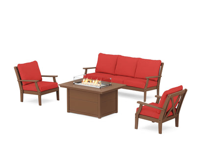 POLYWOOD® Braxton Deep Seating Fire Pit Table Set in Teak / Crimson Linen