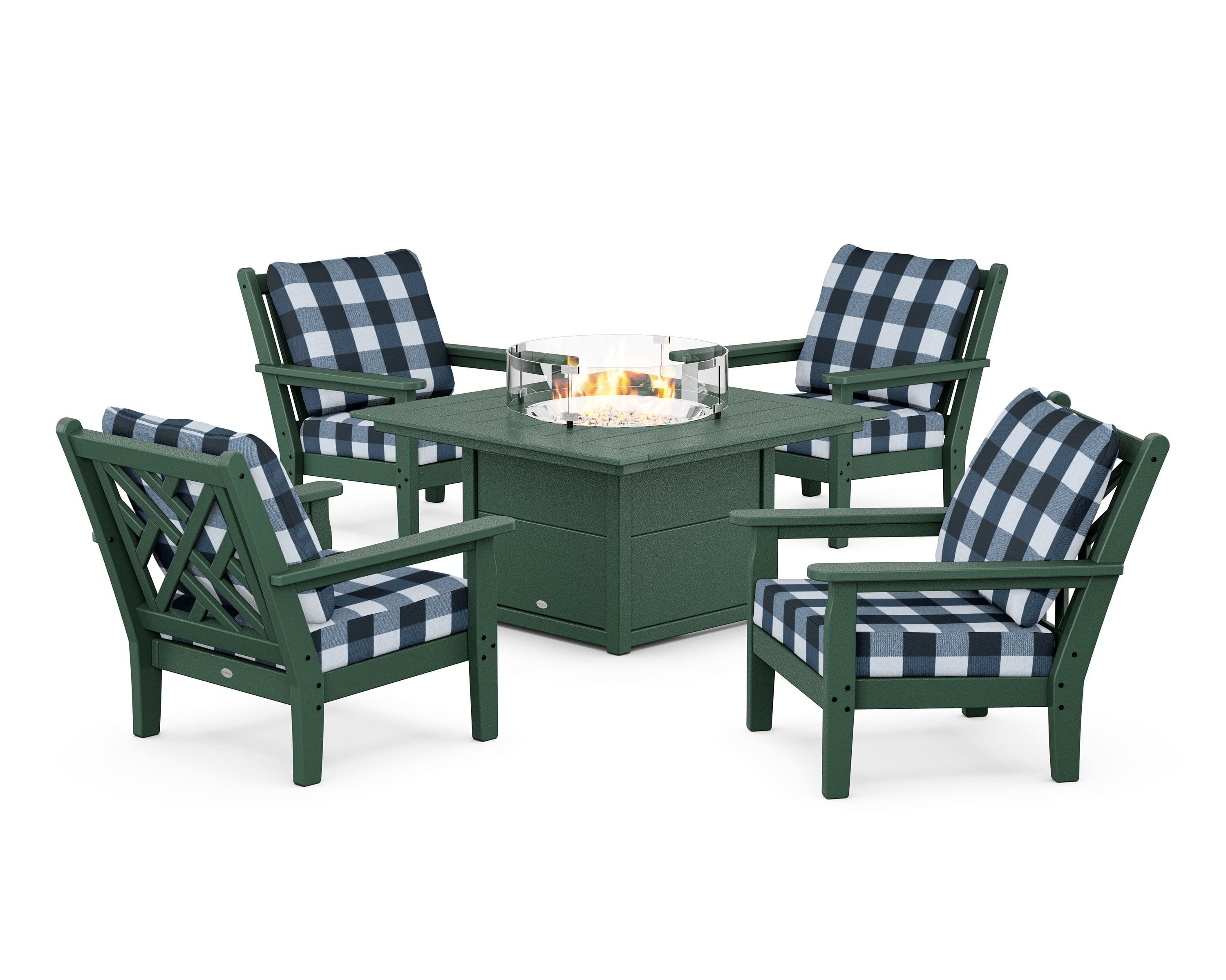 POLYWOOD® Chippendale 5-Piece Deep Seating Set with Fire Pit Table in Green / Buffalo Plaid Marine Indigo