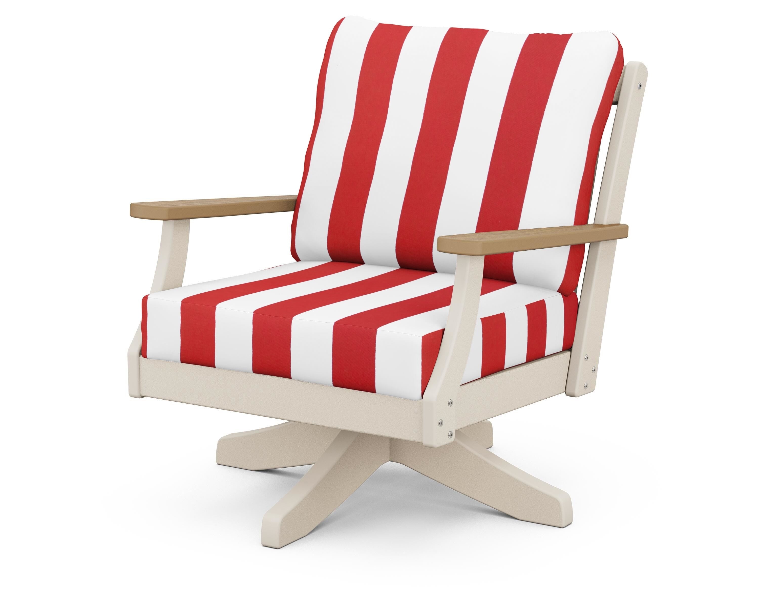 POLYWOOD® Braxton Deep Seating Swivel Chair in Sand / Natural / Cabana Stripe Crimson
