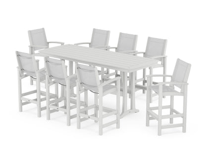 POLYWOOD® Coastal 9-Piece Bar Set with Trestle Legs in White / White Sling