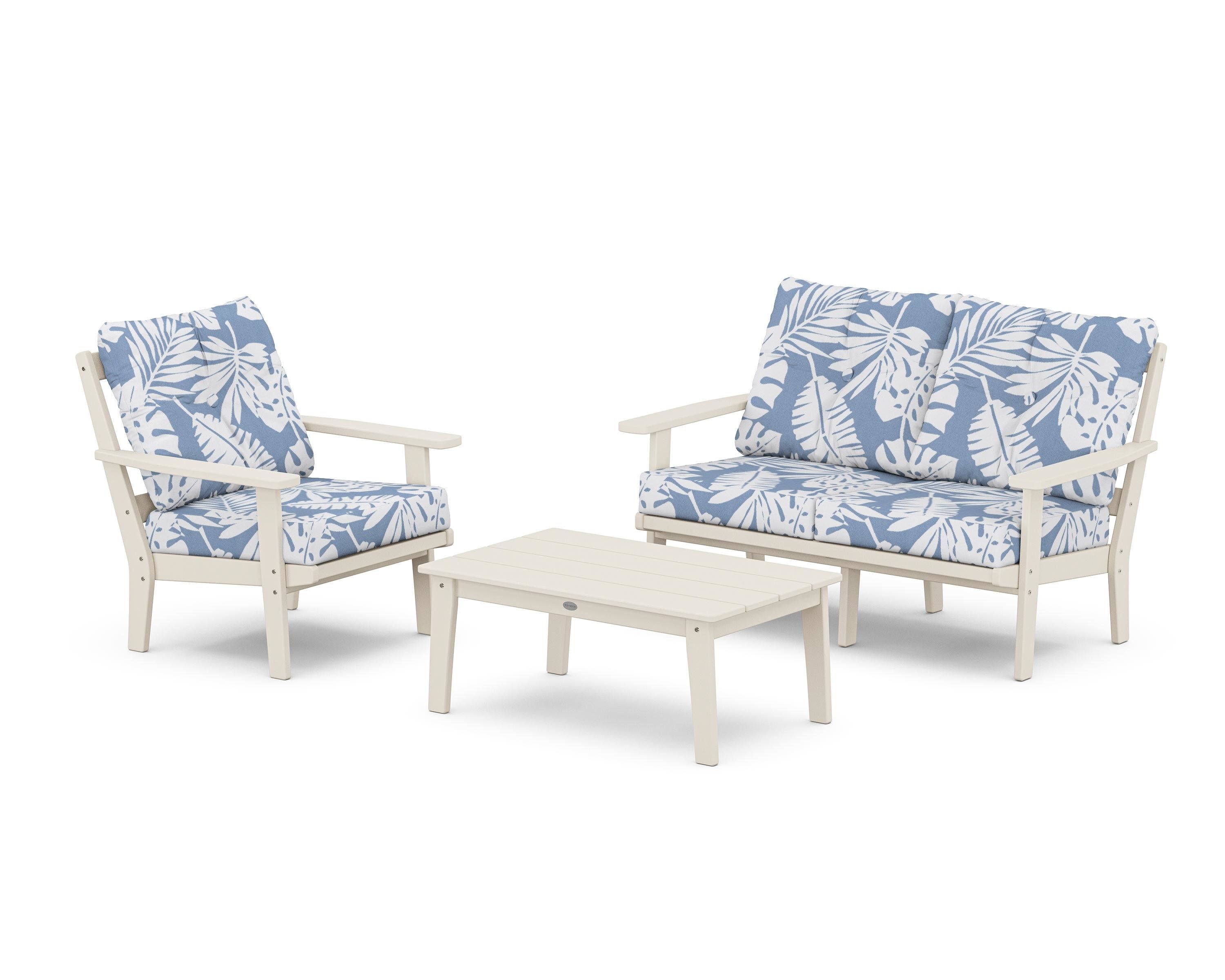 POLYWOOD® Oxford 3-Piece Deep Seating Set with Loveseat in Sand / Leaf Sky Blue