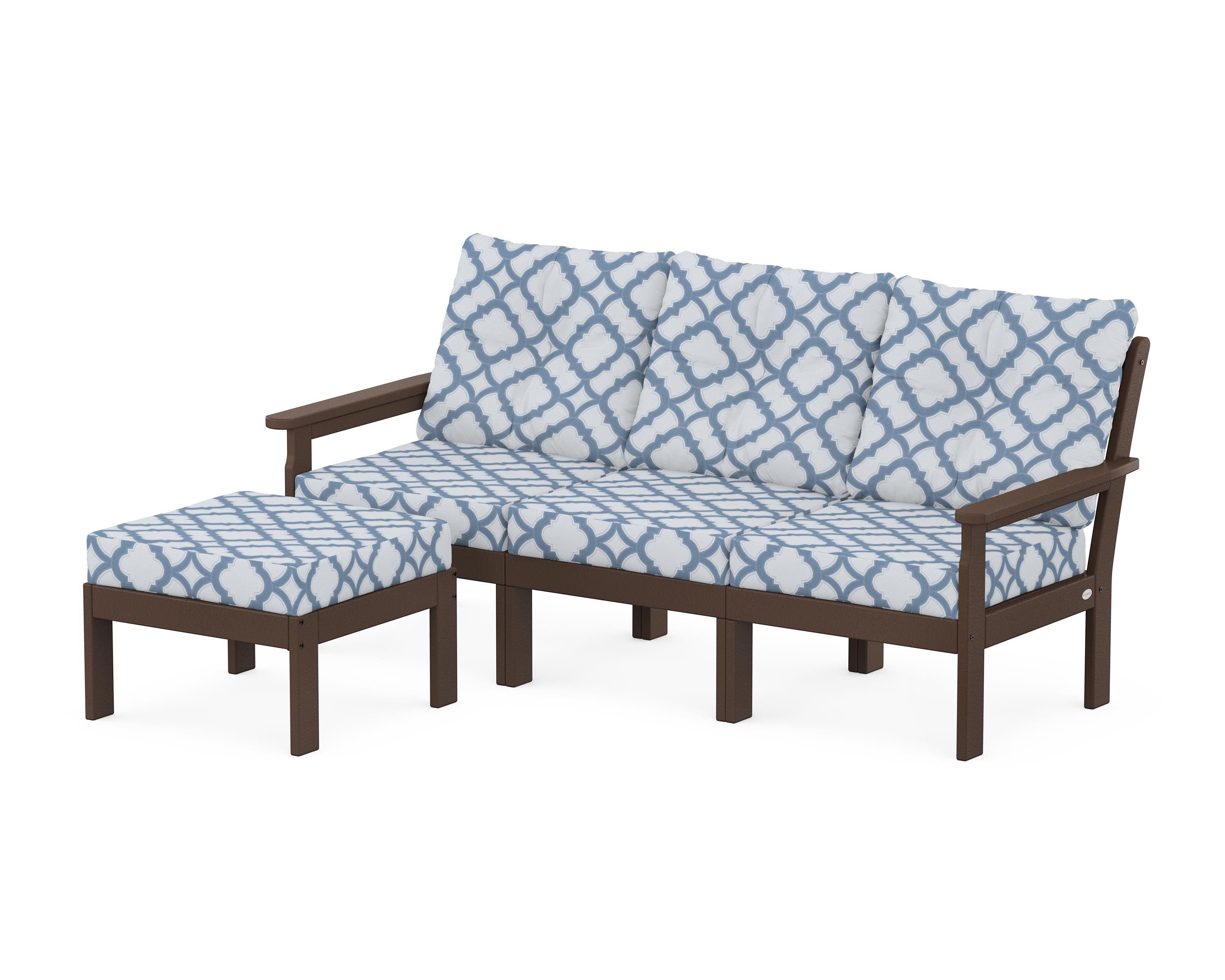 POLYWOOD® Vineyard 4-Piece Sectional with Ottoman in Mahogany / Trellis Sky Blue
