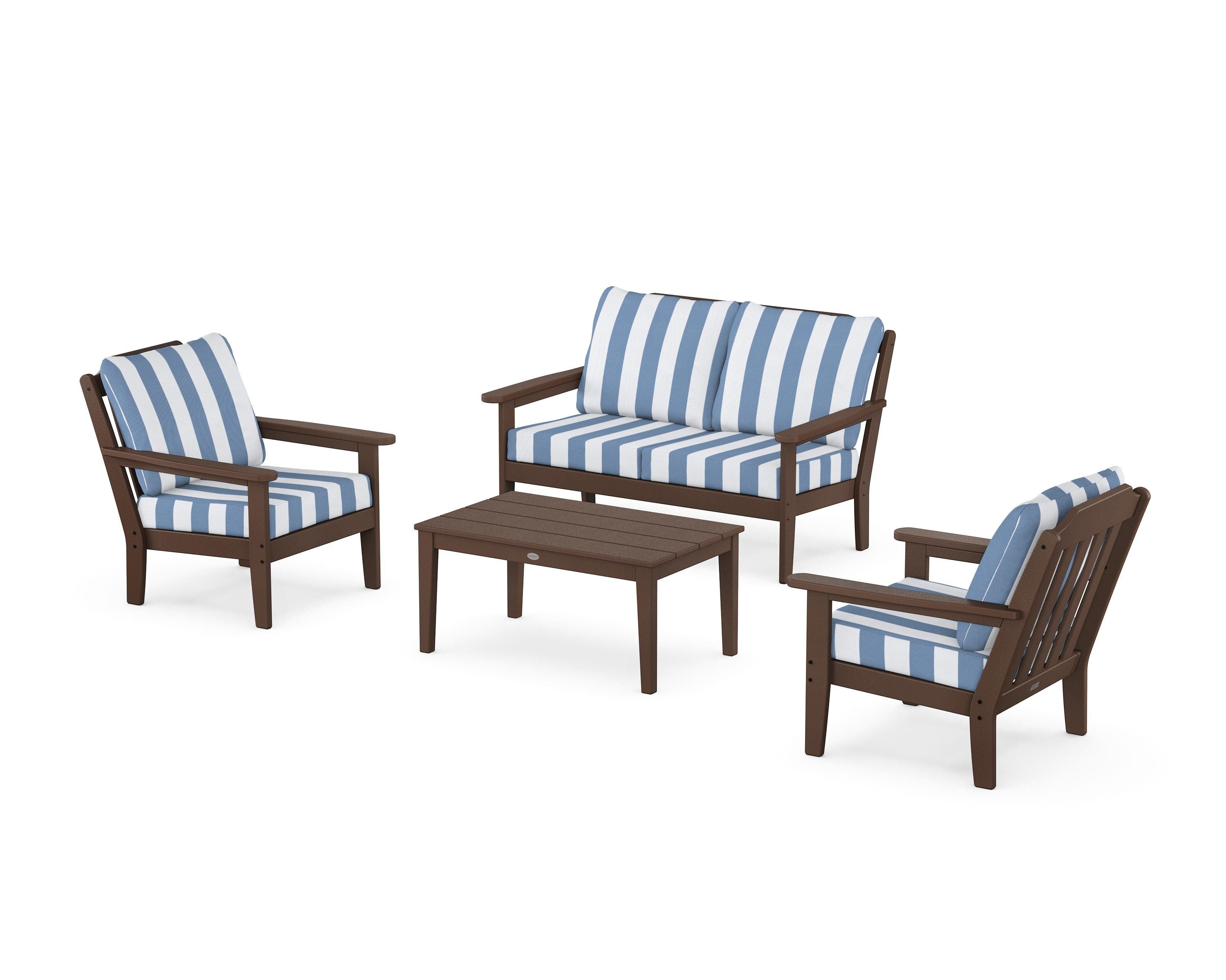 Country Living Cottage 4-Piece Deep Seating Set with Loveseat in Mahogany / Cabana Stripe Sky Blue