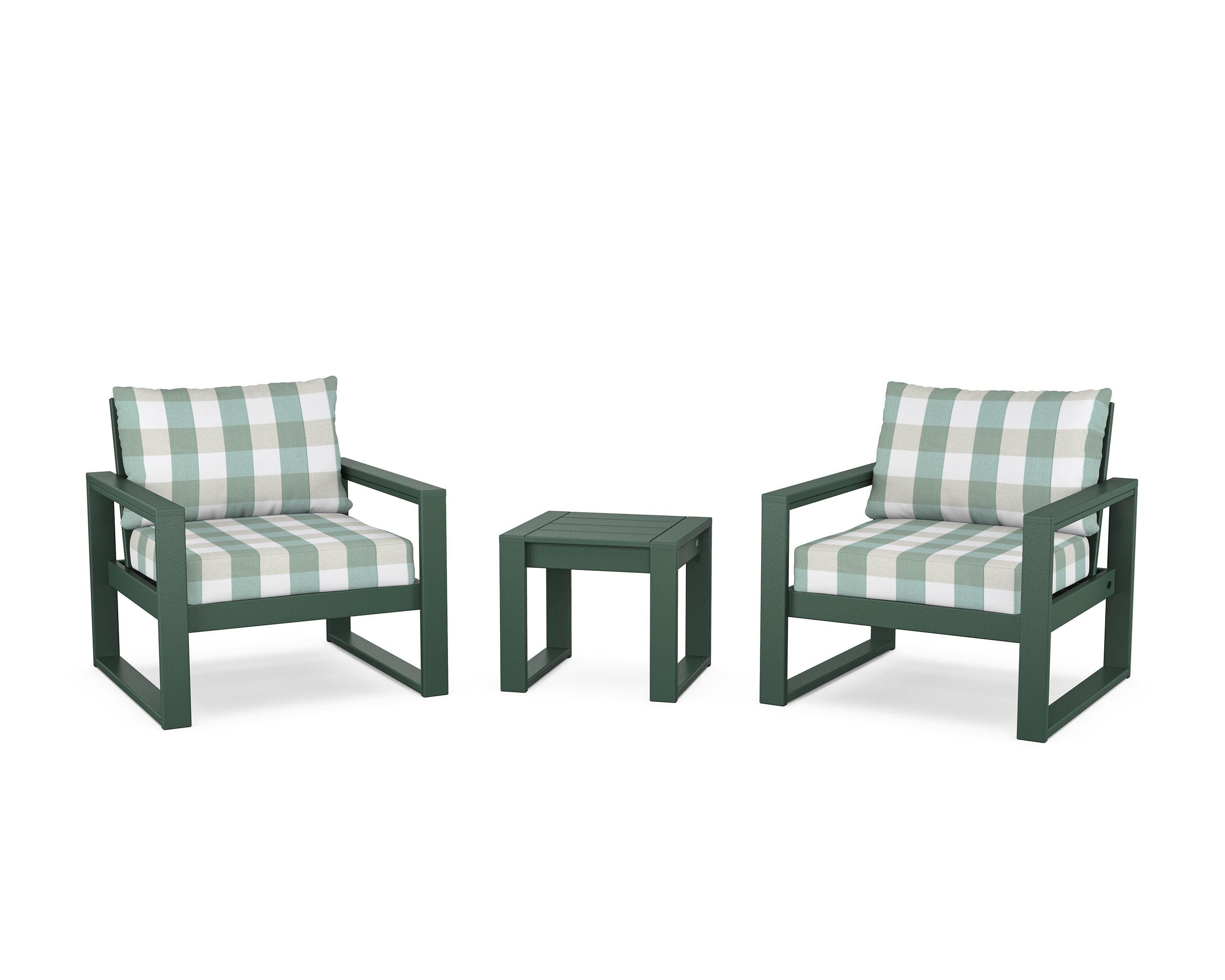 POLYWOOD® EDGE Sectional 3-Piece Deep Seating Set in Green / Buffalo Plaid Glacier Spa