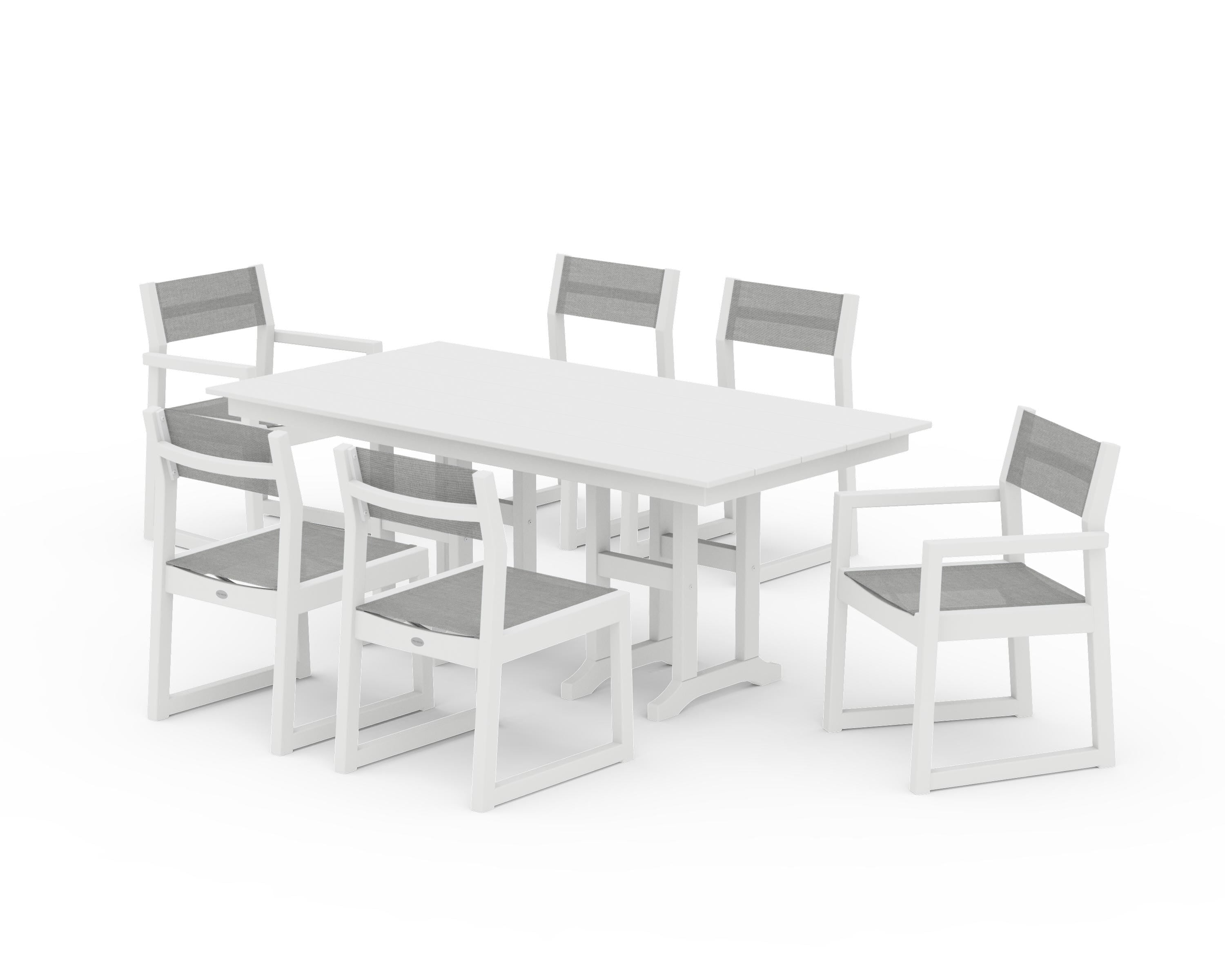 POLYWOOD® EDGE Sling 7-Piece Farmhouse Dining Set in White / Metallic Sling