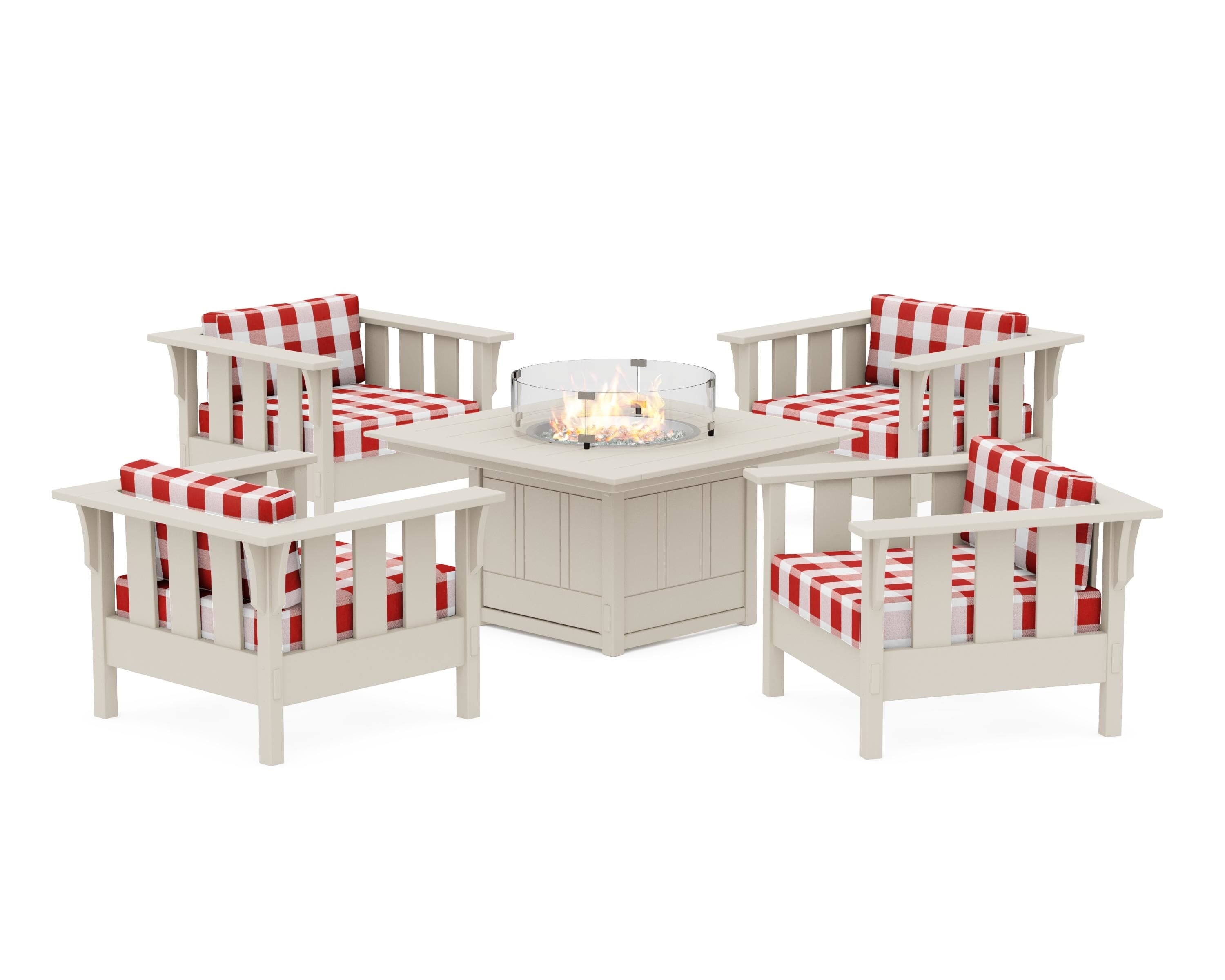 Martha Stewart by POLYWOOD® Acadia 5-Piece Deep Seating Set with Fire Pit Table in Sand / Buffalo Plaid Crimson