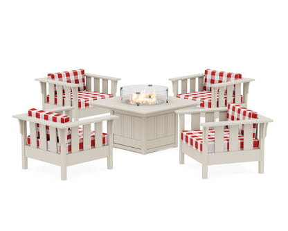 Martha Stewart by POLYWOOD® Acadia 5-Piece Deep Seating Set with Fire Pit Table in Sand / Buffalo Plaid Crimson