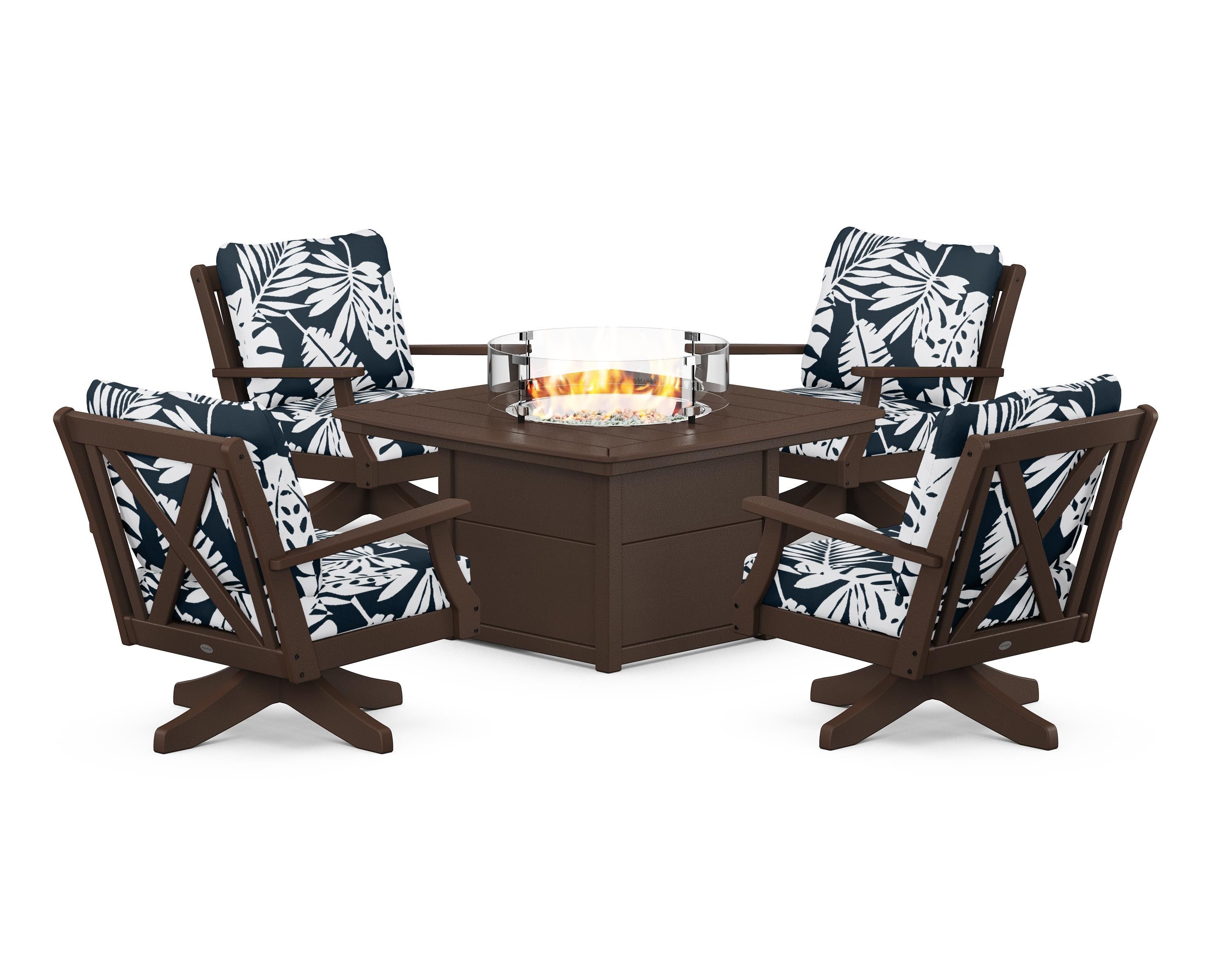 POLYWOOD® Braxton 5-Piece Deep Seating Swivel Conversation Set with Fire Pit Table in Mahogany / Leaf Marine Indigo