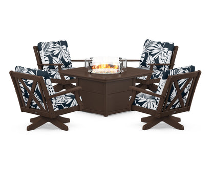 POLYWOOD® Braxton 5-Piece Deep Seating Swivel Conversation Set with Fire Pit Table in Mahogany / Leaf Marine Indigo