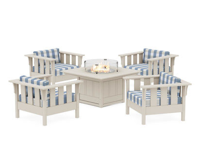 Martha Stewart by POLYWOOD® Acadia 5-Piece Deep Seating Set with Fire Pit Table in Sand / Buffalo Plaid Sky Blue