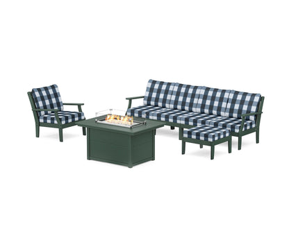 POLYWOOD® Braxton Sectional Lounge and Fire Pit Set in Green / Buffalo Plaid Marine Indigo