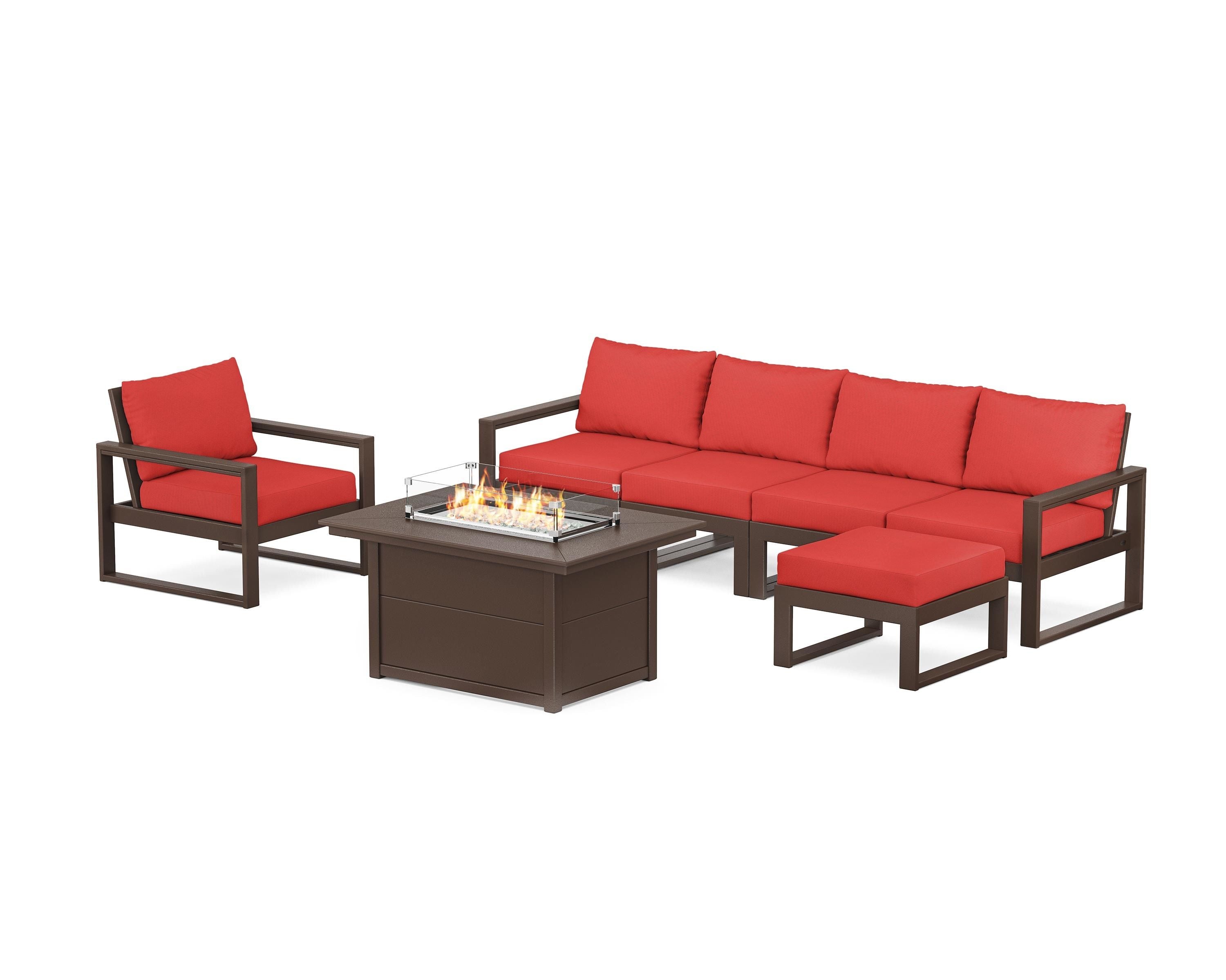 POLYWOOD® EDGE Sectional Lounge and Fire Pit Set in Mahogany / Crimson Linen