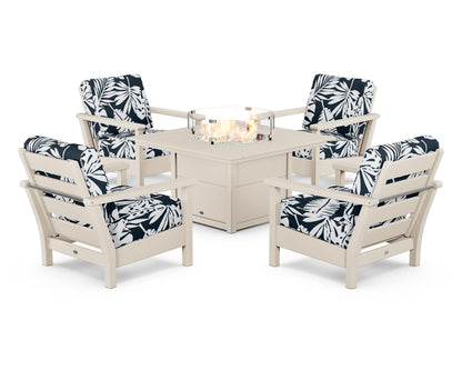 POLYWOOD® Harbour 5-Piece Conversation Set with Fire Pit Table in Sand / Leaf Marine Indigo