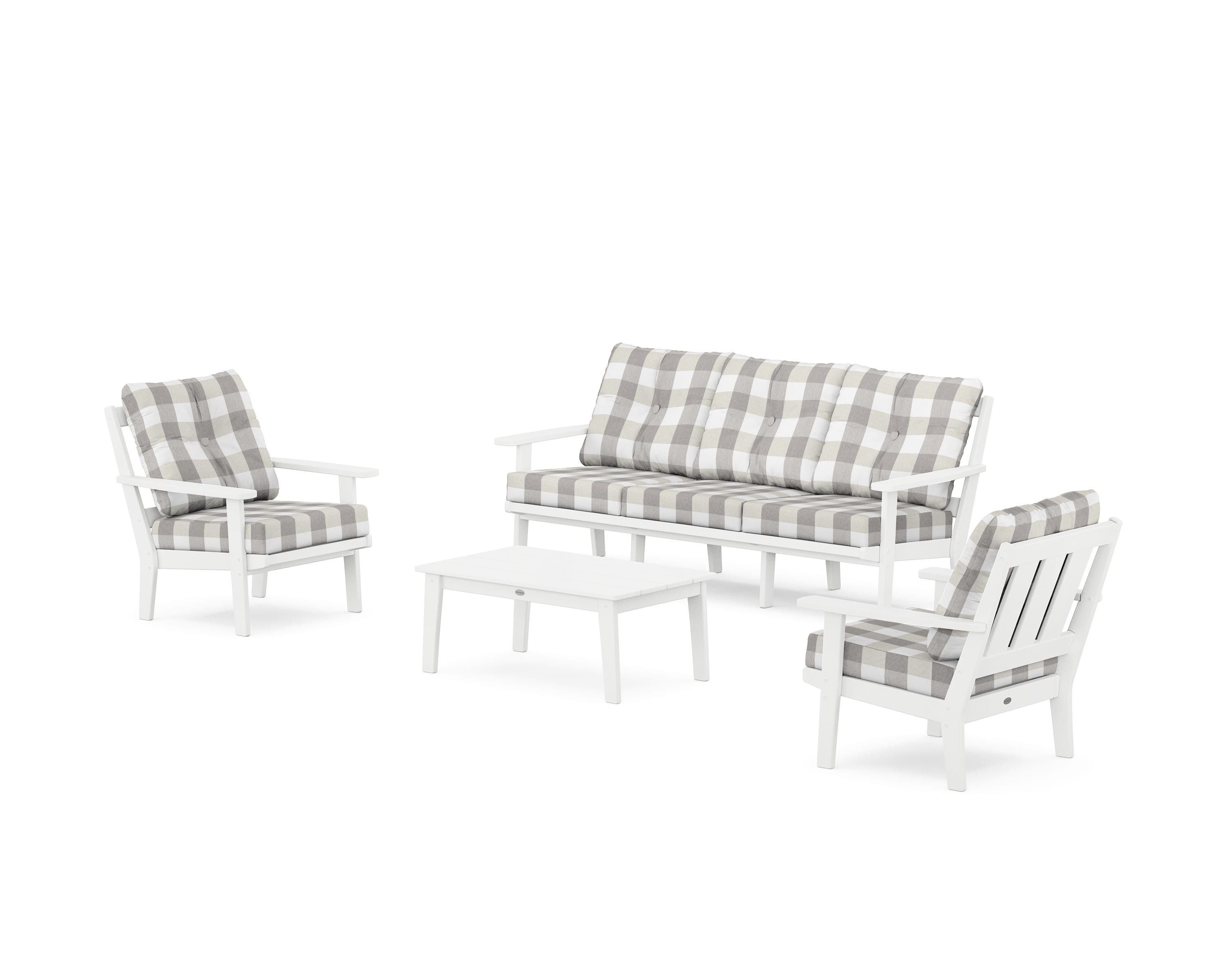 POLYWOOD® Oxford 4-Piece Deep Seating Set with Sofa in White / Buffalo Plaid Grey Mist