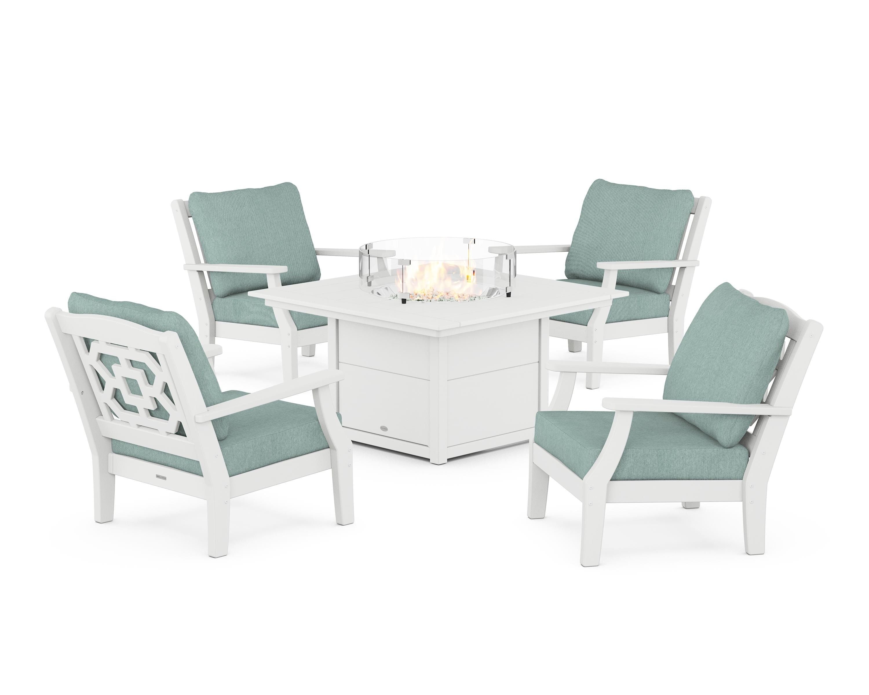 Martha Stewart by POLYWOOD® Chinoiserie 5-Piece Deep Seating Set with Fire Pit Table in White / Glacier Spa