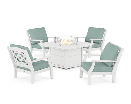 Martha Stewart by POLYWOOD® Chinoiserie 5-Piece Deep Seating Set with Fire Pit Table in White / Glacier Spa