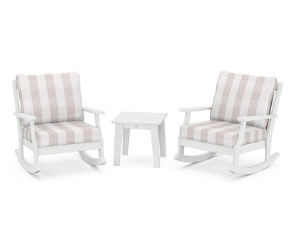POLYWOOD® Braxton 3-Piece Deep Seating Rocker Set in White / Buffalo Plaid Dune Burlap