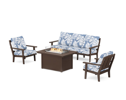 POLYWOOD® Mission Deep Seating Fire Pit Table Set in Mahogany / Leaf Sky Blue