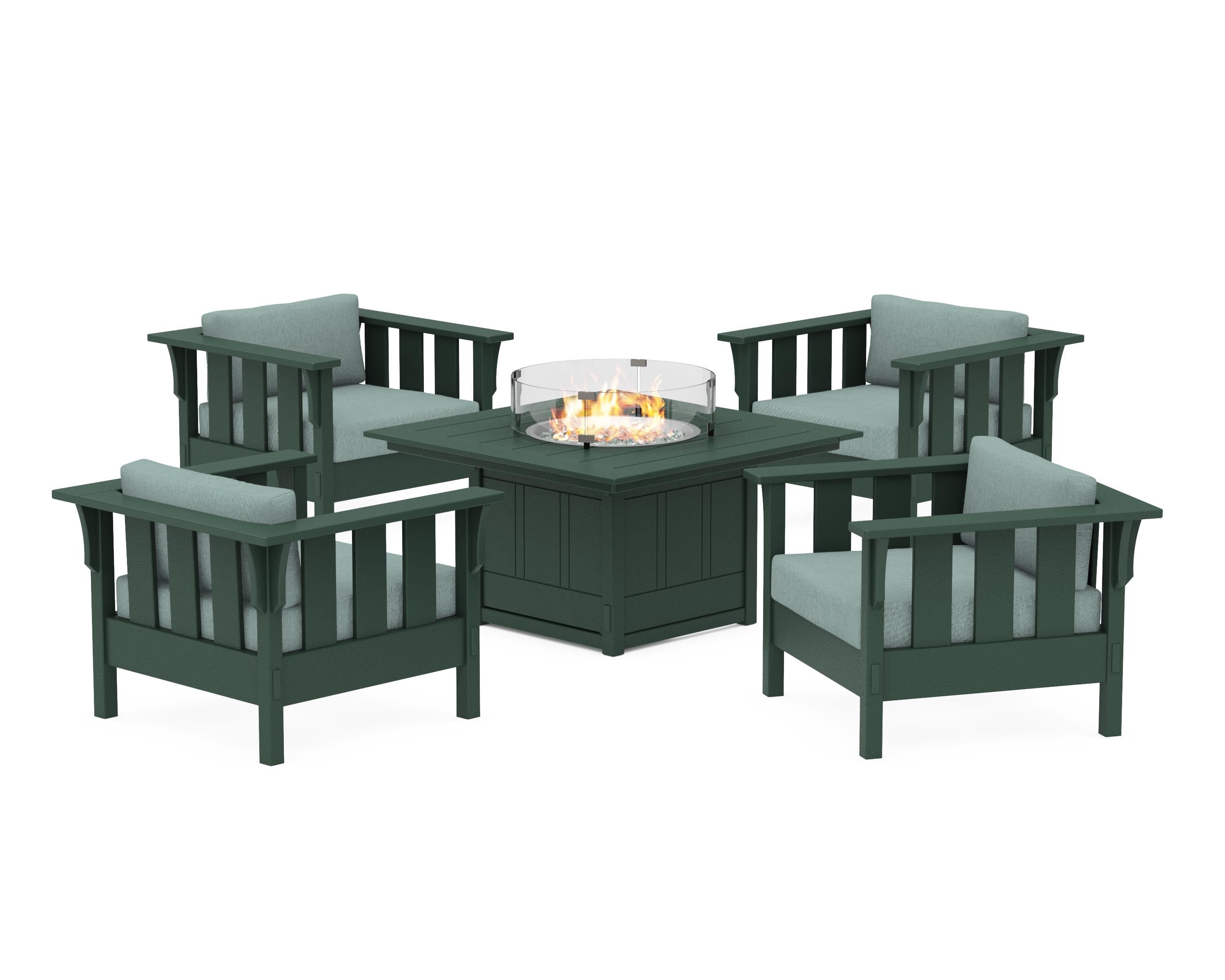 Martha Stewart by POLYWOOD® Acadia 5-Piece Deep Seating Set with Fire Pit Table in Green / Glacier Spa