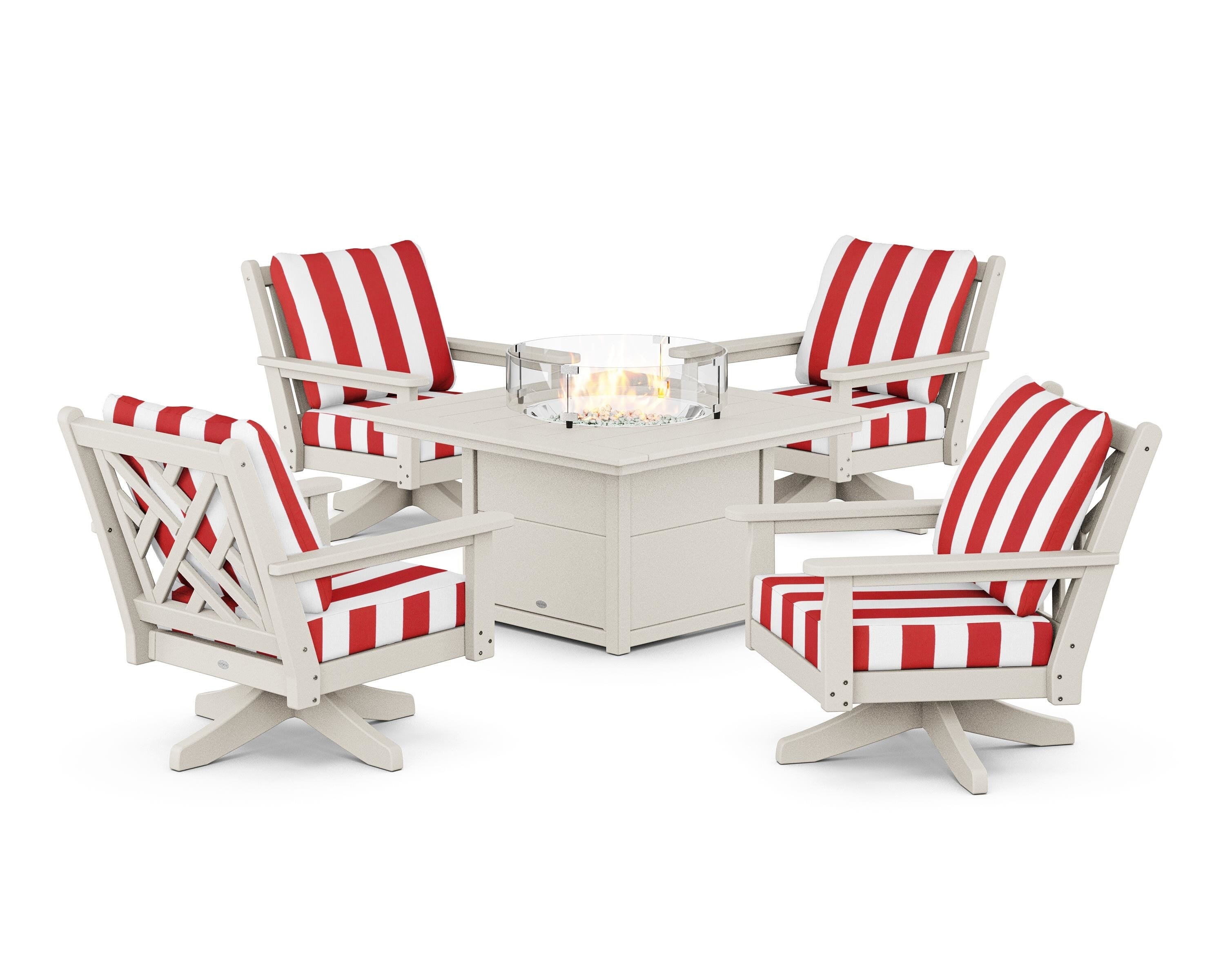 POLYWOOD® Chippendale 5-Piece Deep Seating Swivel Conversation Set with Fire Pit Table in Sand / Cabana Stripe Crimson