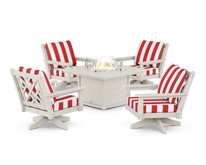 POLYWOOD® Chippendale 5-Piece Deep Seating Swivel Conversation Set with Fire Pit Table in Sand / Cabana Stripe Crimson
