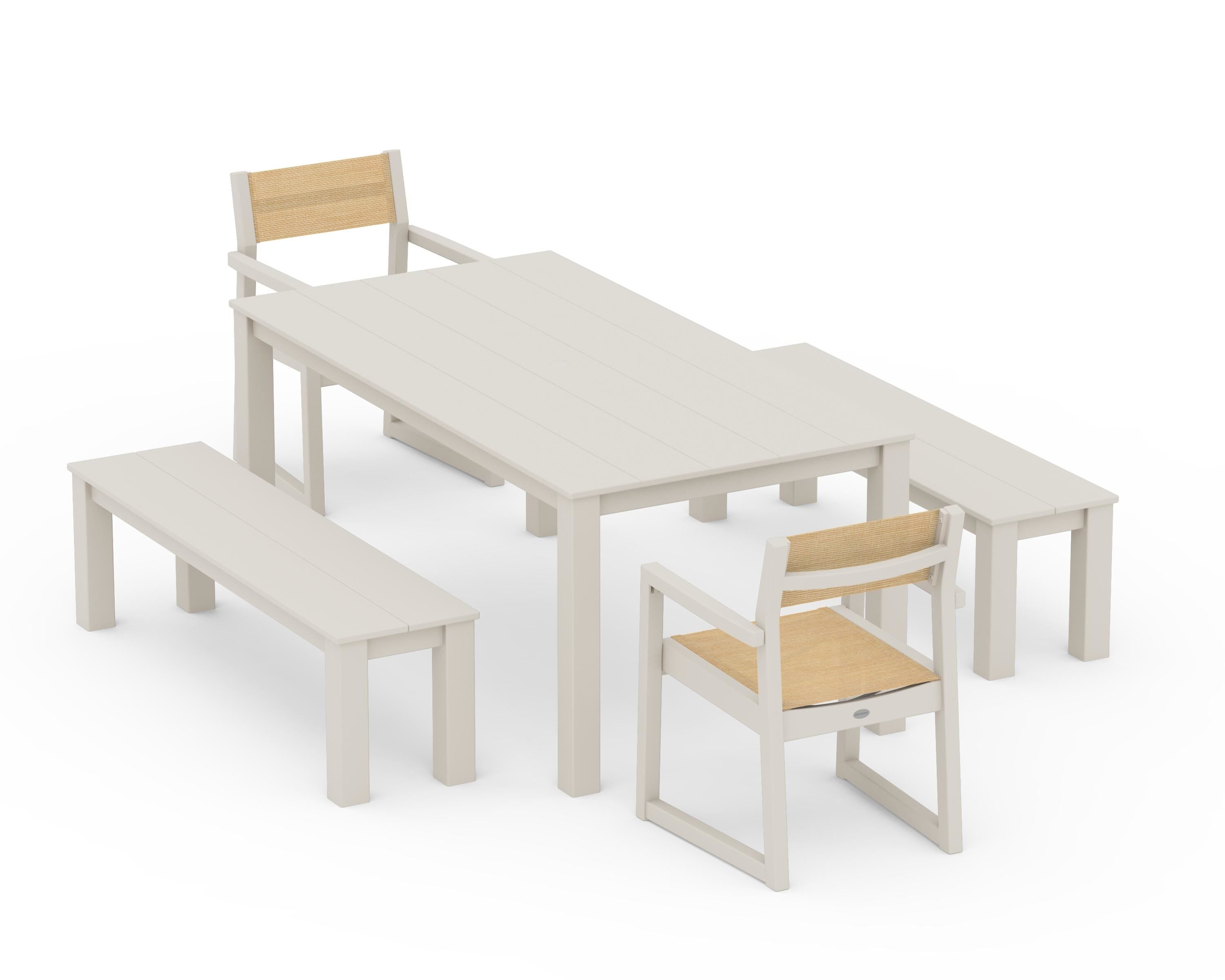 POLYWOOD® EDGE Sling Arm Chair 5-Piece Parsons Dining Set with Benches in Sand / Dupioni Apricot Sling