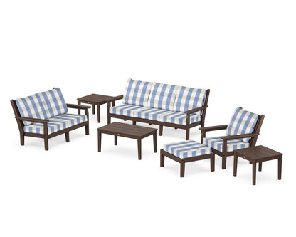 POLYWOOD® Chippendale 7-Piece Deep Seating Set in Mahogany / Buffalo Plaid Sky Blue