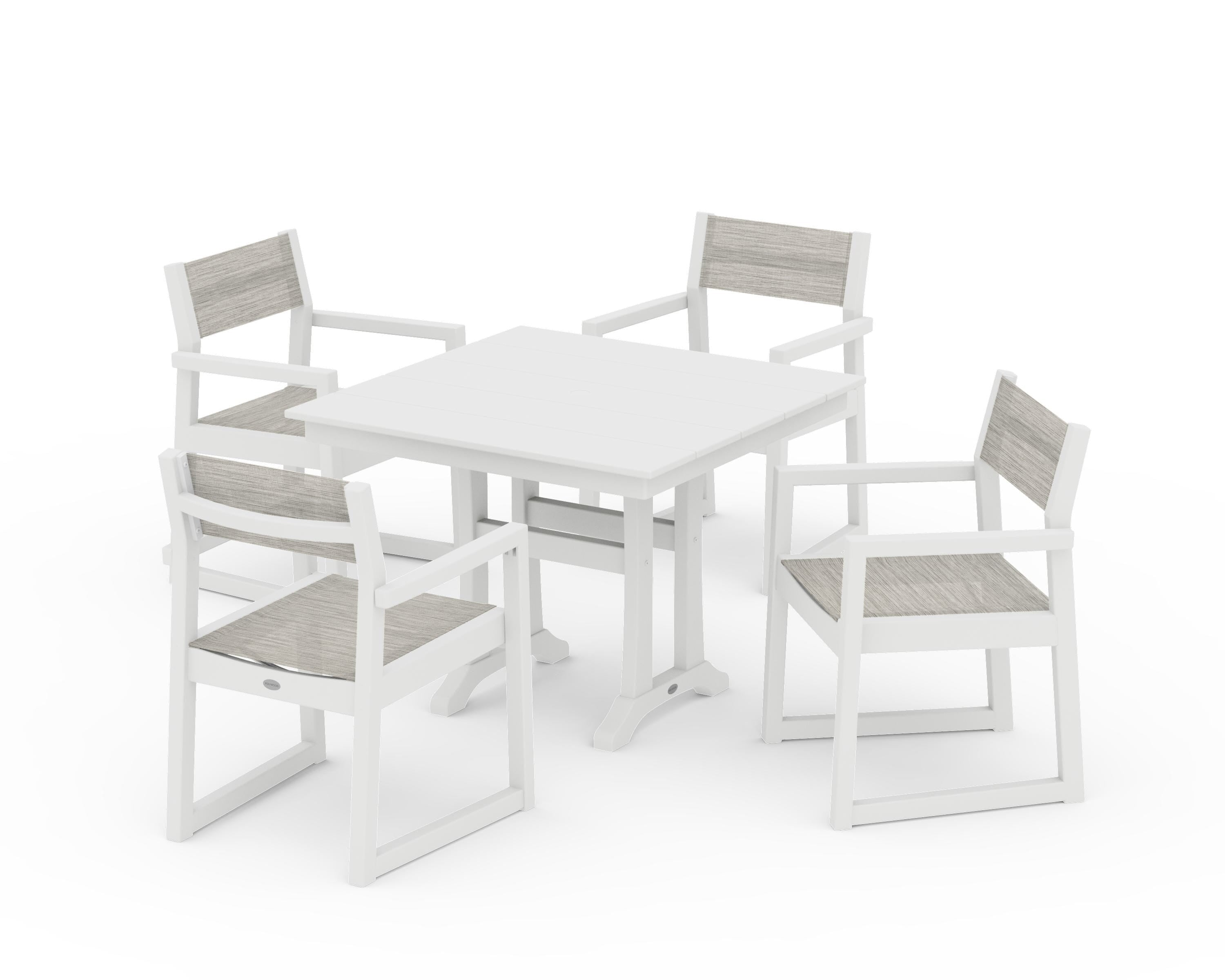 POLYWOOD® EDGE Sling 5-Piece Farmhouse Dining Set with Trestle Legs in White / Birch Sling