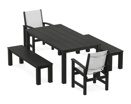 POLYWOOD® Coastal 5-Piece Parsons Dining Set with Benches in Black / White Sling