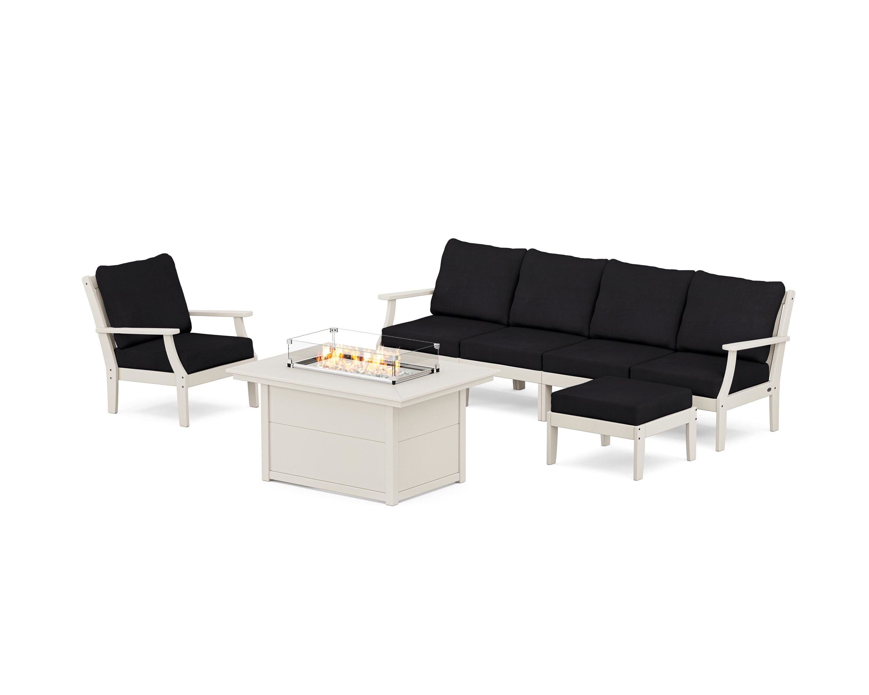 POLYWOOD® Braxton Sectional Lounge and Fire Pit Set in Sand / Midnight Linen
