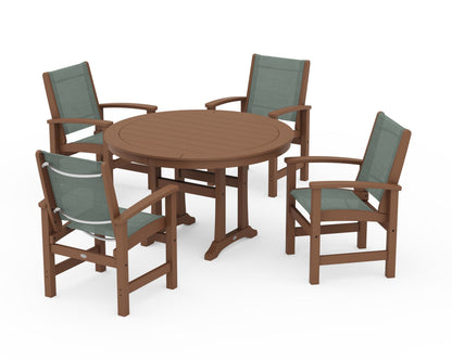 POLYWOOD® Coastal 5-Piece Round Dining Set with Trestle Legs in Teak / Dupioni Sea Mist Sling