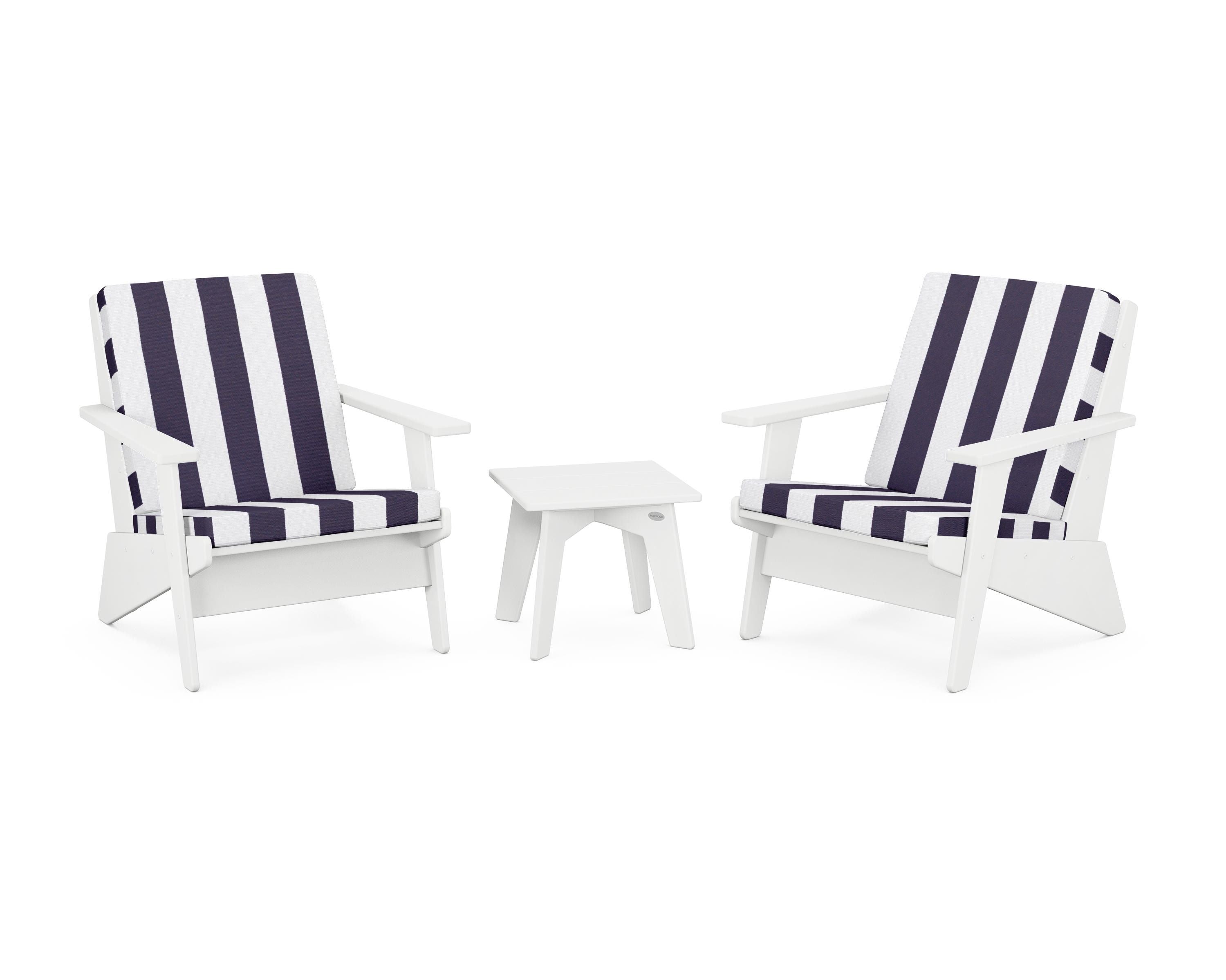 POLYWOOD® Riviera Modern Lounge 3-Piece Set in White / Cabana Stripe Navy