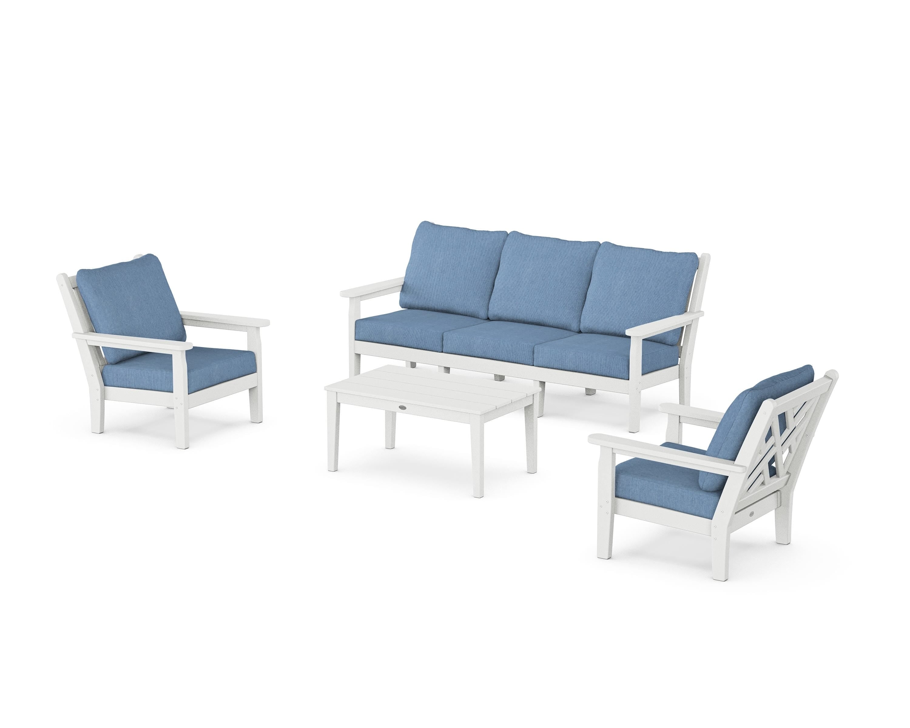 POLYWOOD® Chippendale 4-Piece Deep Seating Set with Sofa in White / Sky Blue