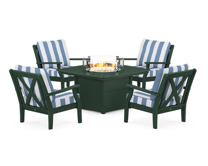 POLYWOOD® Braxton 5-Piece Deep Seating Conversation Set with Fire Pit Table in Green / Cabana Stripe Sky Blue