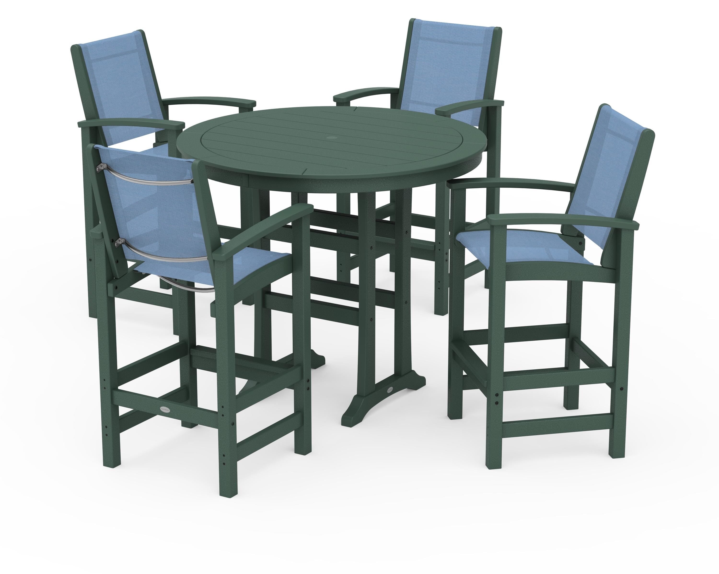 POLYWOOD® Coastal 5-Piece Nautical Trestle Bar Set in Green / Poolside Sling