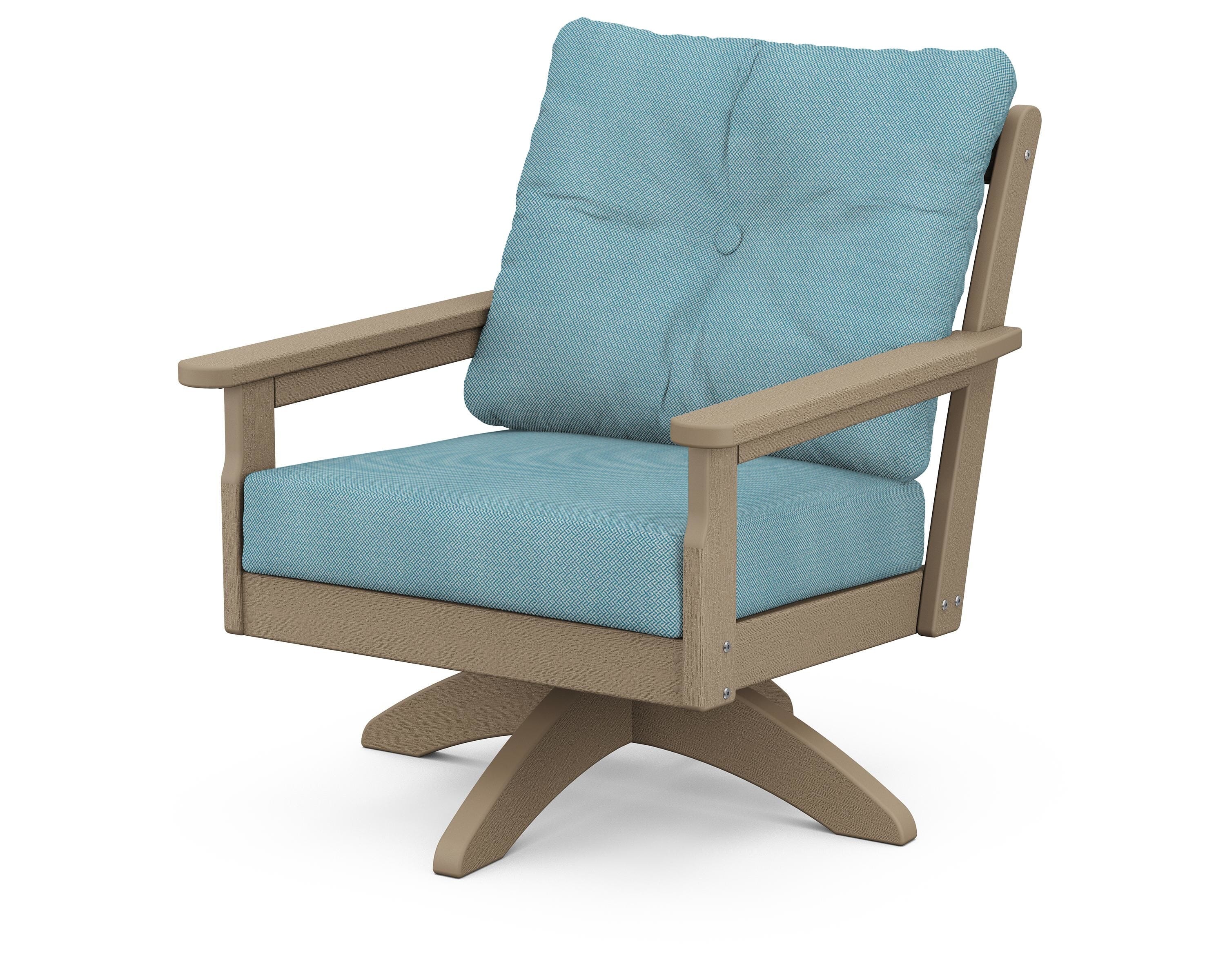 POLYWOOD® Vineyard Deep Seating Swivel Chair in Vintage Sahara / Lattice Sky Blue