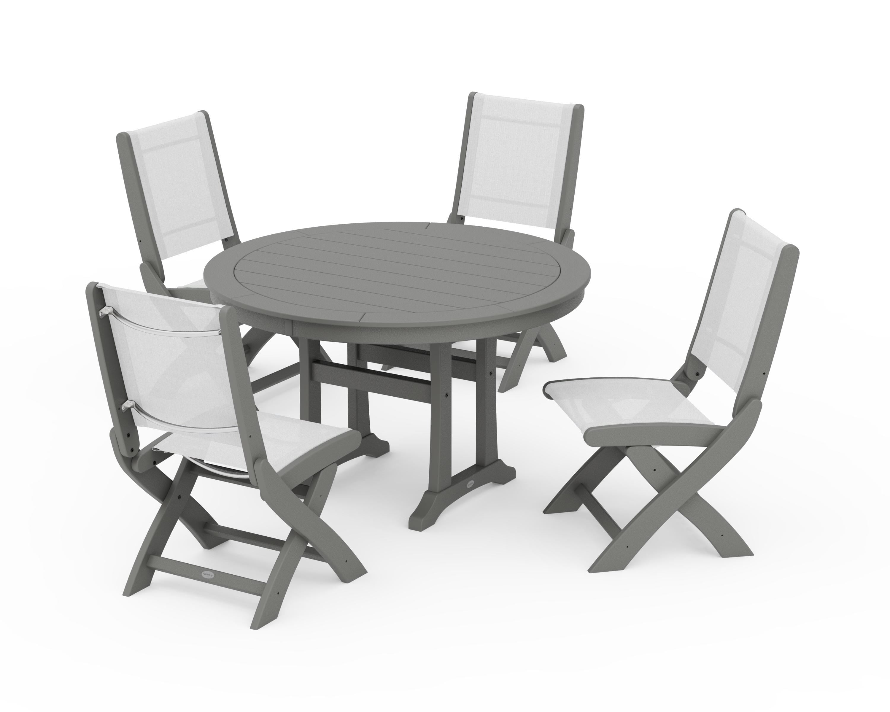 POLYWOOD® Coastal Folding Side Chair 5-Piece Round Dining Set With Trestle Legs in Slate Grey / White Sling