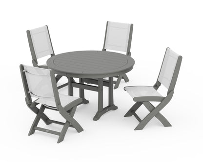 POLYWOOD® Coastal Folding Side Chair 5-Piece Round Dining Set With Trestle Legs in Slate Grey / White Sling