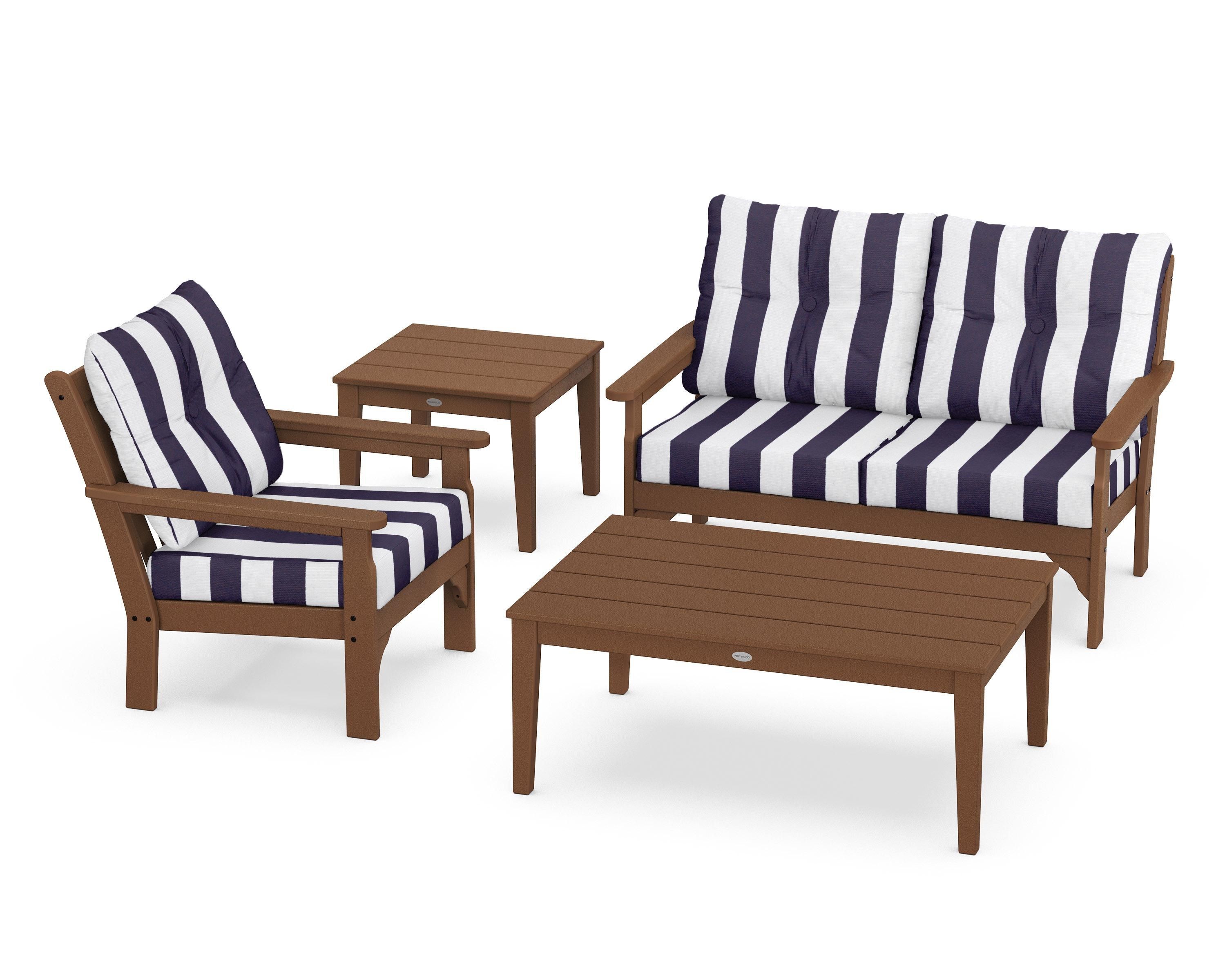 POLYWOOD® Vineyard 4-Piece Deep Seating Set in Teak / Cabana Stripe Navy