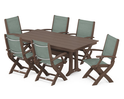 POLYWOOD® Coastal Folding Arm Chair 7-Piece Farmhouse Dining Set with Trestle Legs in Mahogany / Dupioni Sea Mist Sling