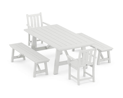 POLYWOOD® Traditional Garden 5-Piece Rustic Farmhouse Dining Set With Benches in White