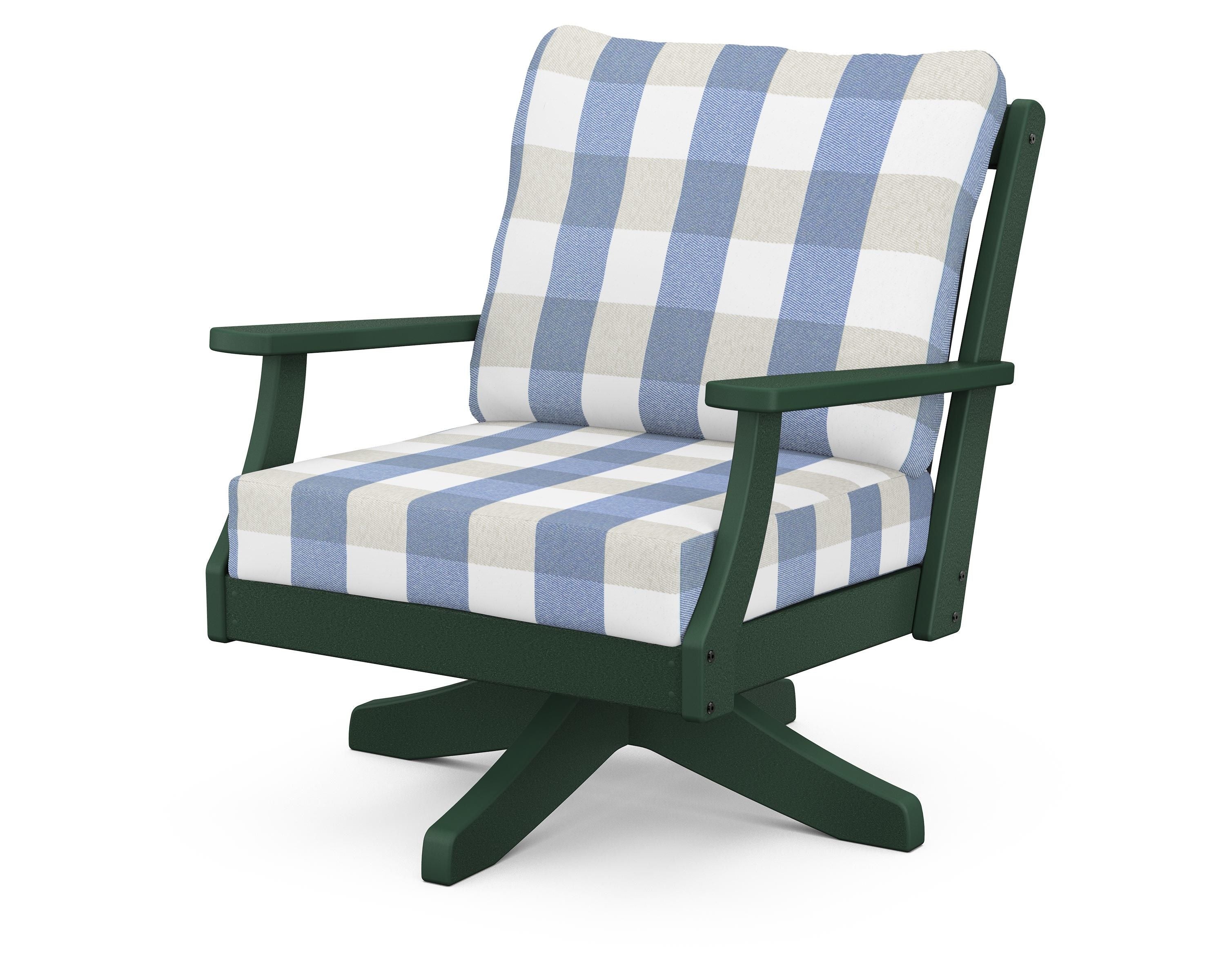 POLYWOOD® Braxton Deep Seating Swivel Chair in Green / Buffalo Plaid Sky Blue