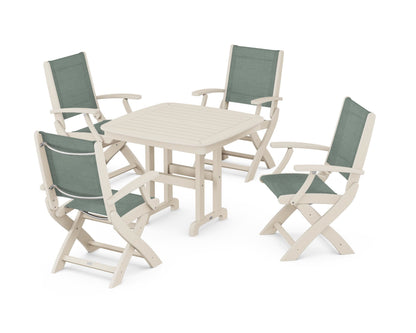 POLYWOOD® Coastal Folding Chair 5-Piece Dining Set in Sand / Dupioni Sea Mist Sling