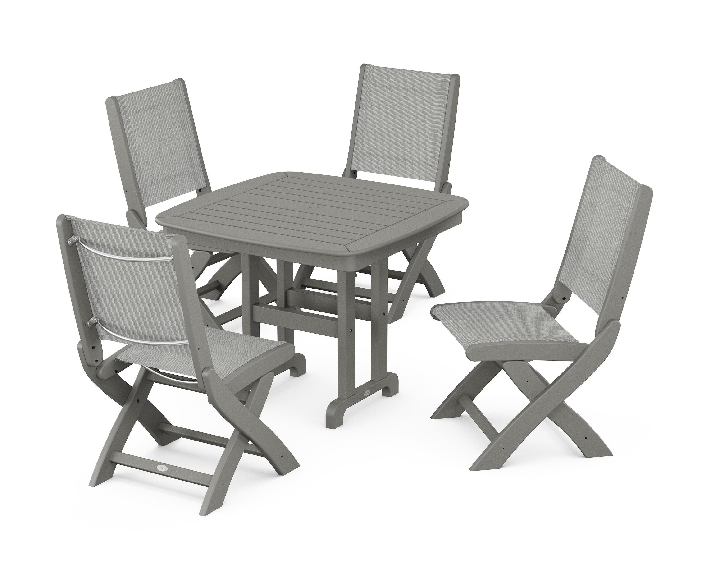 POLYWOOD® Coastal Folding Side Chair 5-Piece Dining Set in Slate Grey / Metallic Sling