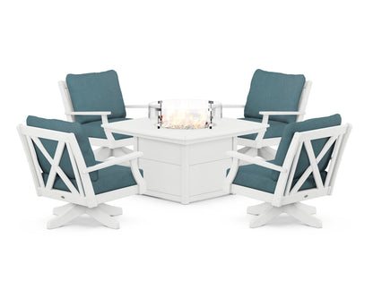 POLYWOOD® Braxton 5-Piece Deep Seating Swivel Conversation Set with Fire Pit Table in White / Ocean Teal